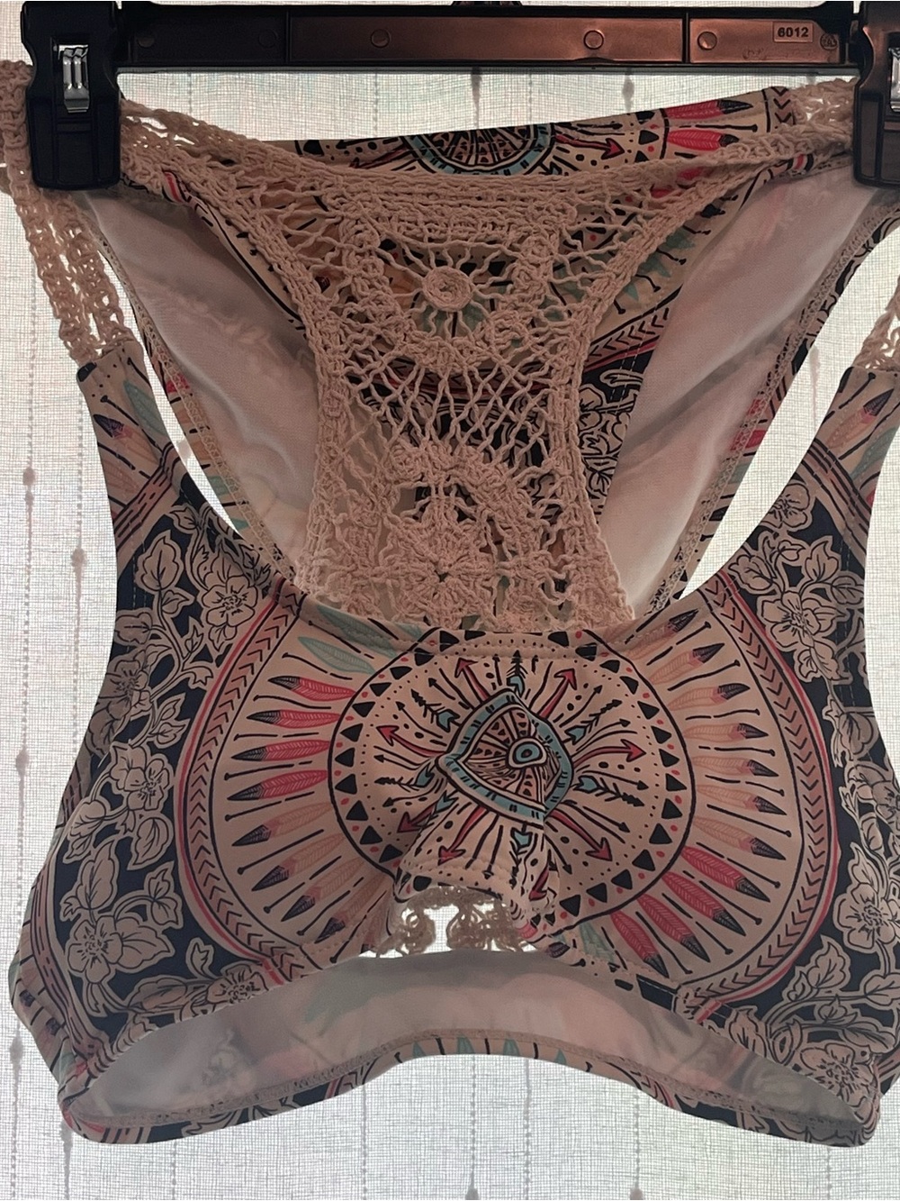 Crochet-Back Medallion Print Bikini in Cream, Navy & Coral